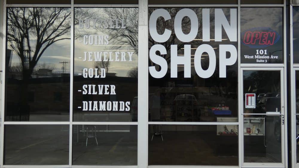 Gold and silver bullion bars and coins displayed at Gold & Silver Trading Post in Bellevue, Nebraska